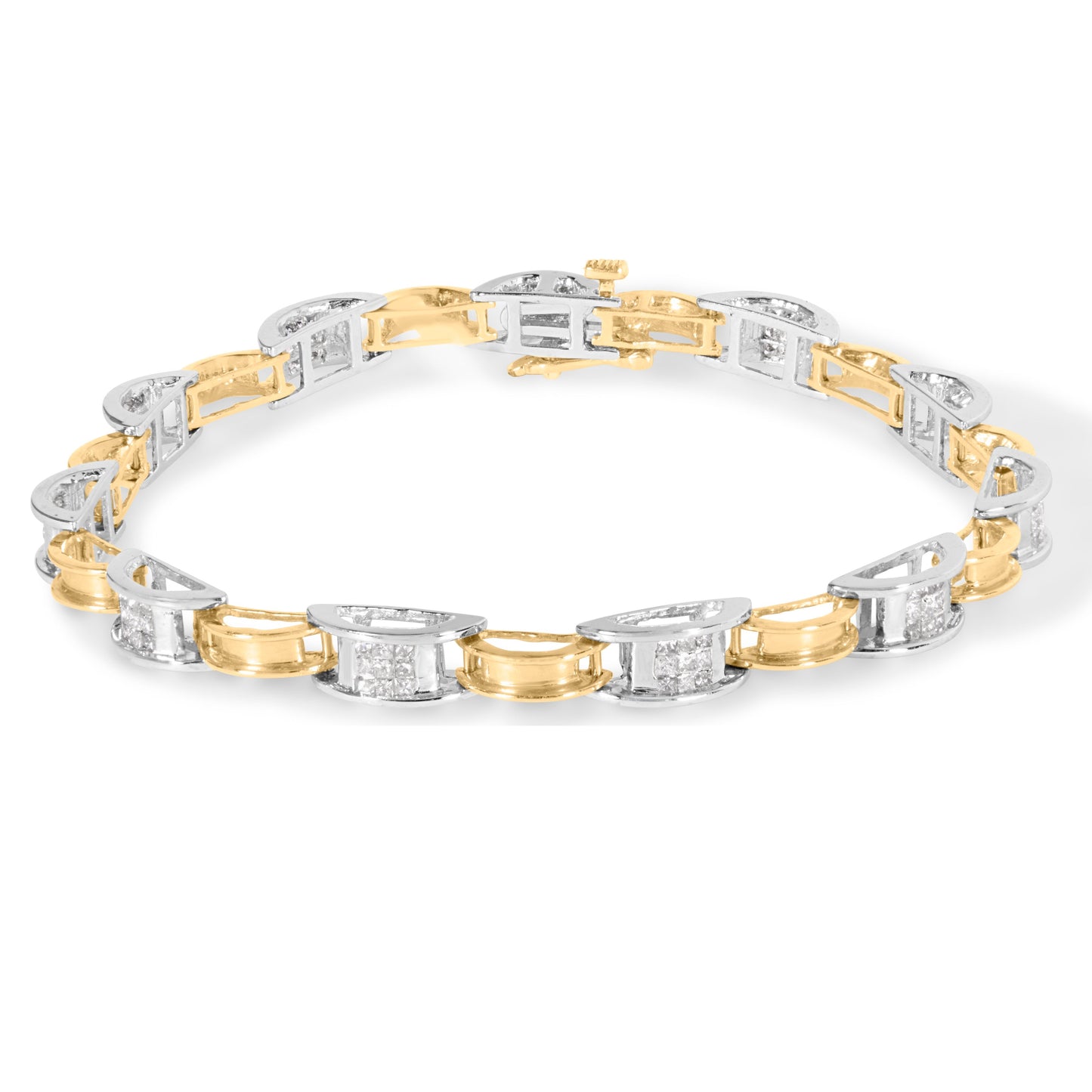 Pulsera de 7" de oro de 14K de dos tonos con eslabones y diamantes de corte princesa de 1,00 Cttw (color H-I, claridad SI1-SI2)