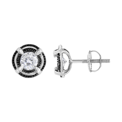 Pendientes de botón solitarios de doble halo de diamantes de 1-1/2 quilates de peso total, de plata de ley .925 bañada en rodio negro, con montura de 4 garras y milgrain (color H-I, claridad I2-I3)