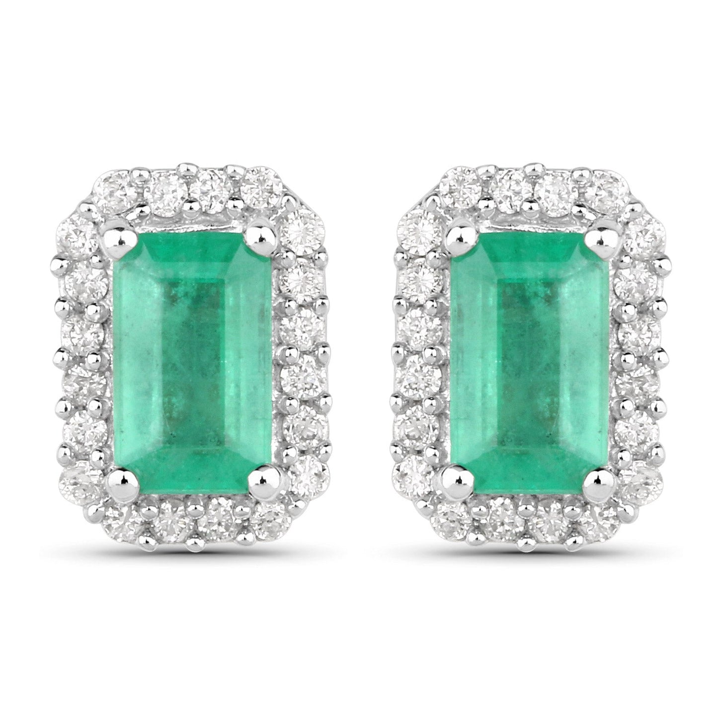 Pendientes de oro blanco de 14 quilates con esmeralda zambiana auténtica de 0,91 quilates y diamantes blancos
