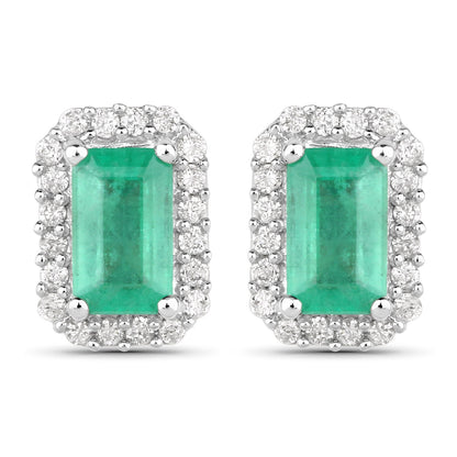 Pendientes de oro blanco de 14 quilates con esmeralda zambiana auténtica de 0,91 quilates y diamantes blancos