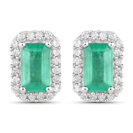 Pendientes de oro blanco de 14 quilates con esmeralda zambiana auténtica de 0,91 quilates y diamantes blancos