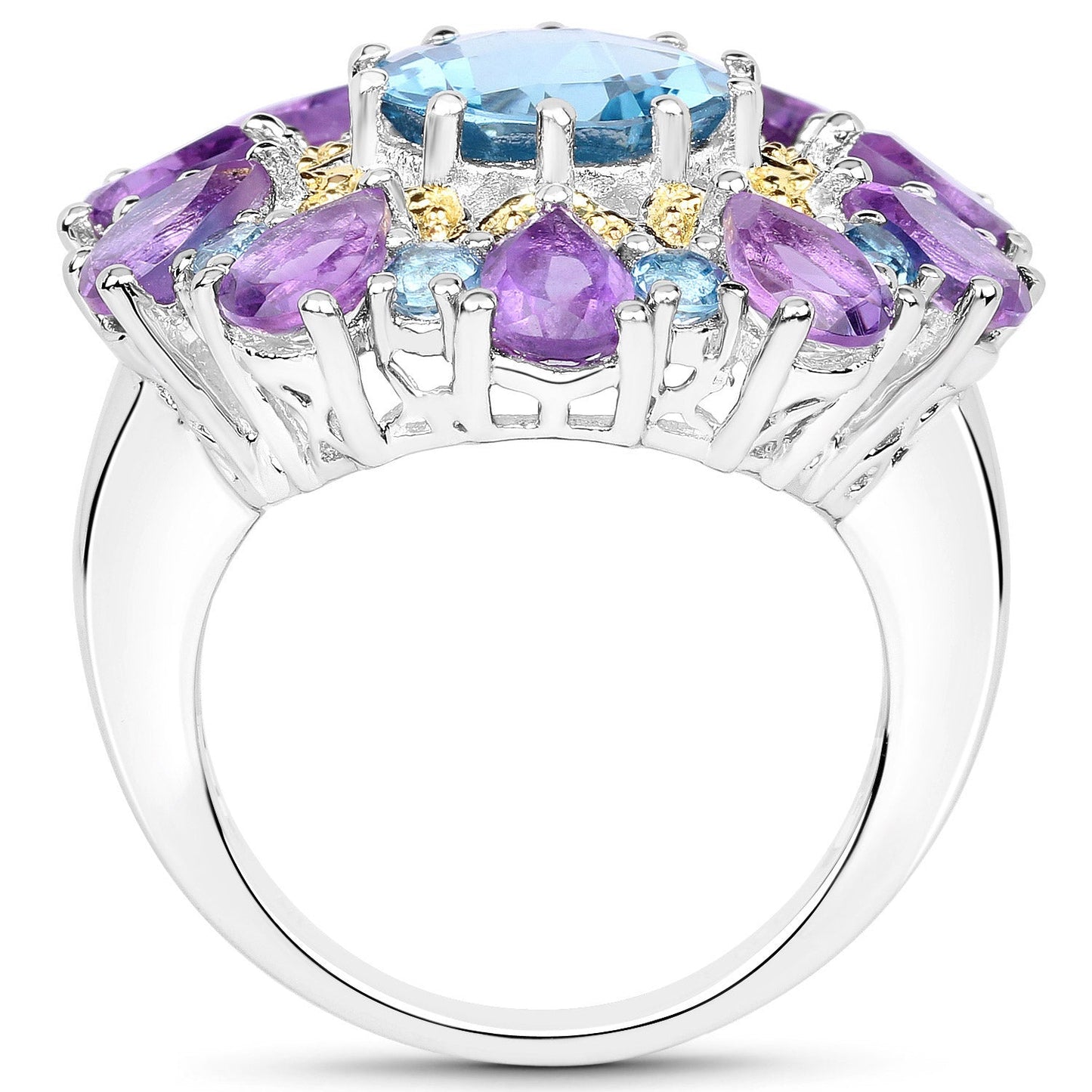 Anillo de plata de ley .925 con topacio azul de Londres y amatista auténticos de 8,86 quilates