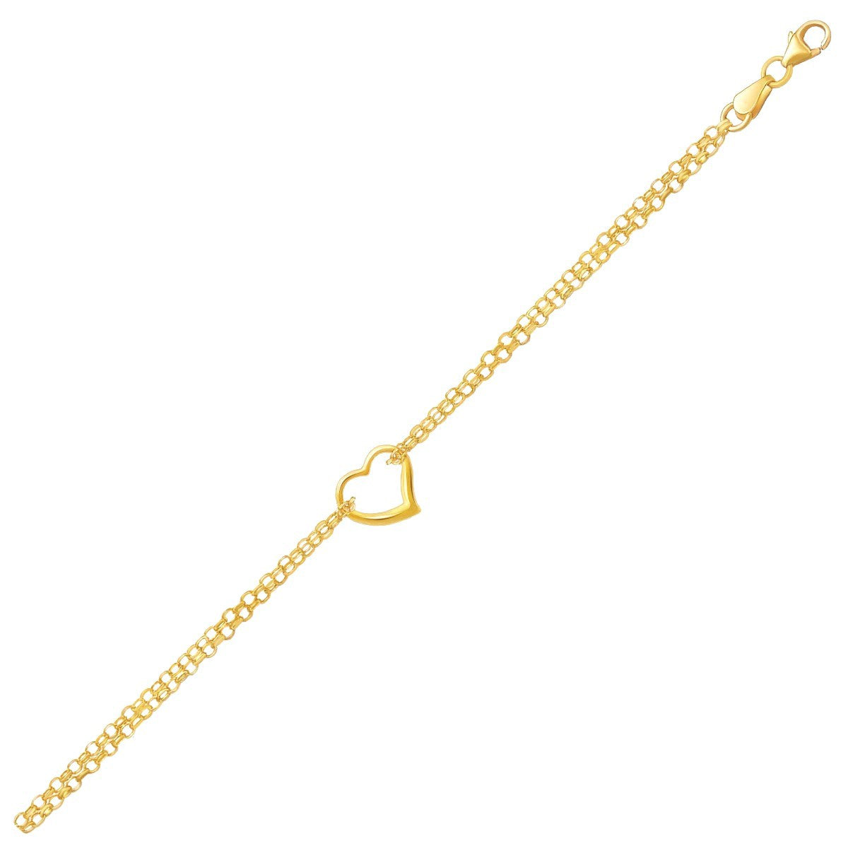 Tobillera de cadena rolo doble de oro amarillo de 14k con estación de corazón abierto