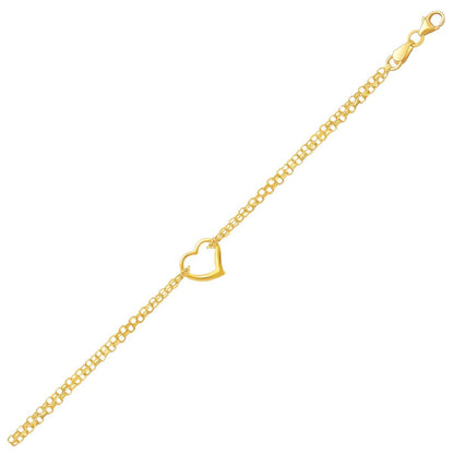 Tobillera de cadena rolo doble de oro amarillo de 14k con estación de corazón abierto