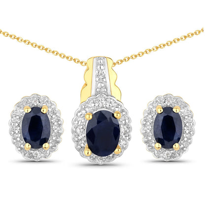 Conjunto de joyas de plata de ley .925 con zafiro negro-azul y topacio blanco auténticos de 1,96 quilates
