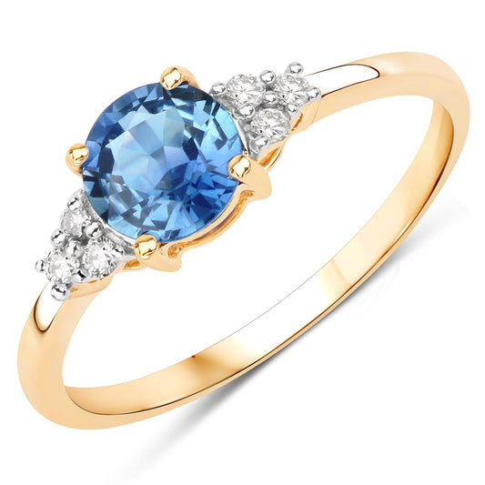 Anillo de oro amarillo de 14 quilates con zafiro azul genuino de 1,08 quilates y diamantes blancos