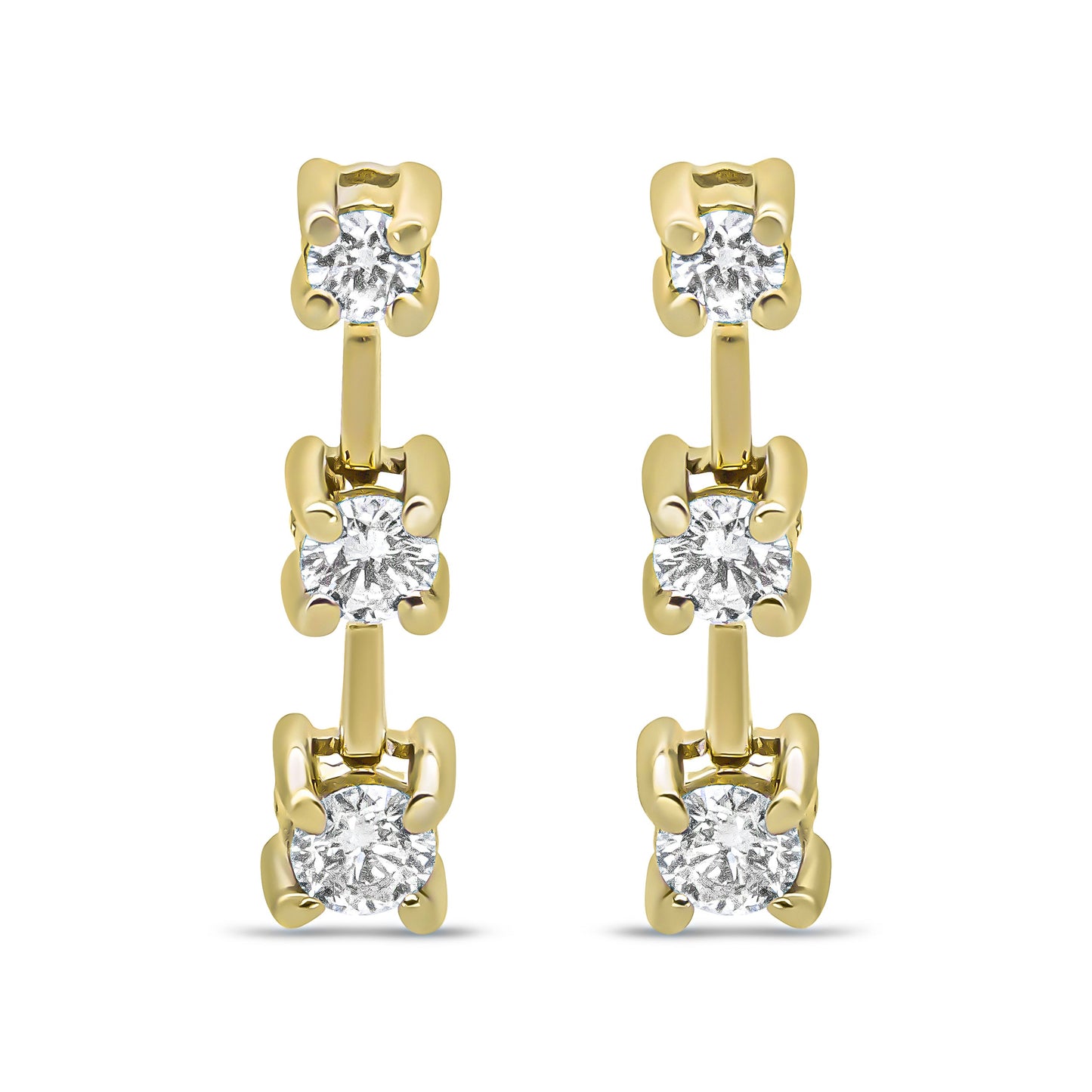Pendientes de botón en oro amarillo de 14 quilates con diamantes redondos de 1/2 quilate en total, de tres piedras, en cascada lineal y con diseño de pasado, presente y futuro (color H-I, claridad SI1-SI2)