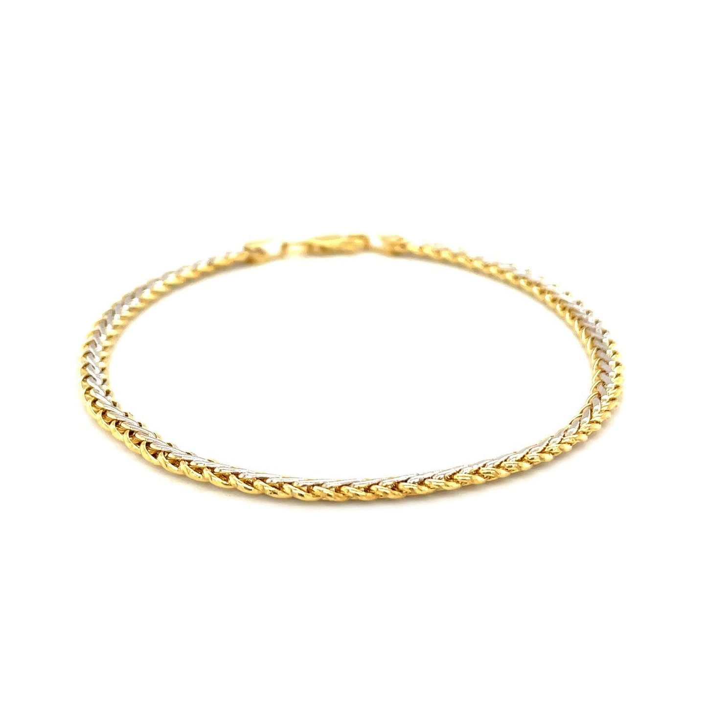 Pulsera de cadena fina de trigo bicolor en oro amarillo y blanco de 10k