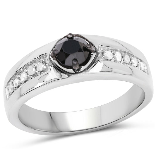 Anillo de plata de ley .925 con diamante negro auténtico de 0.65 quilates y diamante blanco