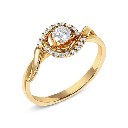 Anillo de compromiso con solitario y halo de remolino de oro amarillo de 14 quilates con diamantes de 1/3 Cttw (color G-H, claridad VS2-SI1) - Talla 7