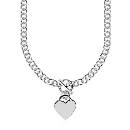 Cadena Rolo de Plata de Ley con Charm de Corazón y Cierre de Palanca con Baño de Rodio