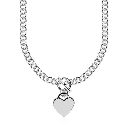 Cadena Rolo de Plata de Ley con Charm de Corazón y Cierre de Palanca con Baño de Rodio