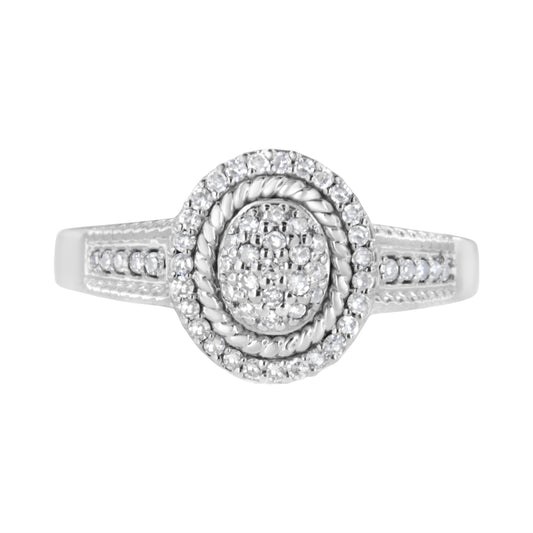 Anillo de cóctel trenzado tipo halo de plata de ley .925 con pavé de diamantes redondos de 1/3 Cttw (color I-J, claridad I2-I3) - Talla 7