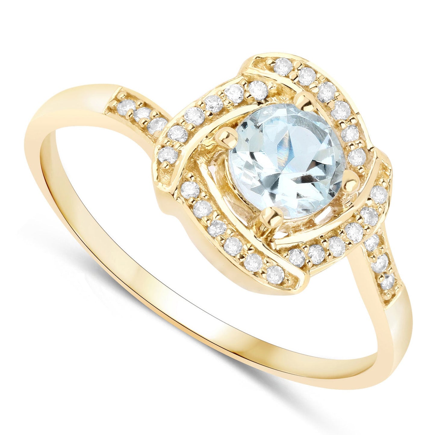 Anillo de oro amarillo de 14K con aguamarina auténtica de 0,46 quilates y diamantes blancos