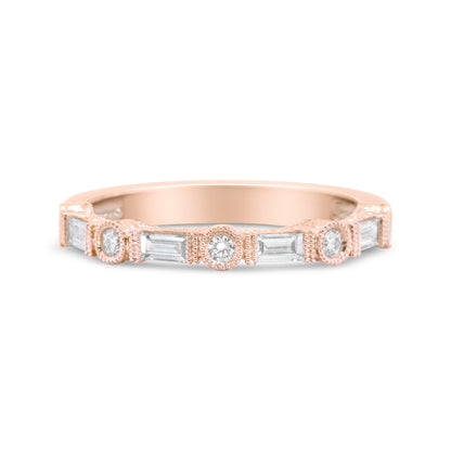 Anillo de boda de oro rosa de 14 quilates con diamantes baguette y redondos de 0.37 ct. (color H-I, claridad VS1-VS2) - Talla 6.75