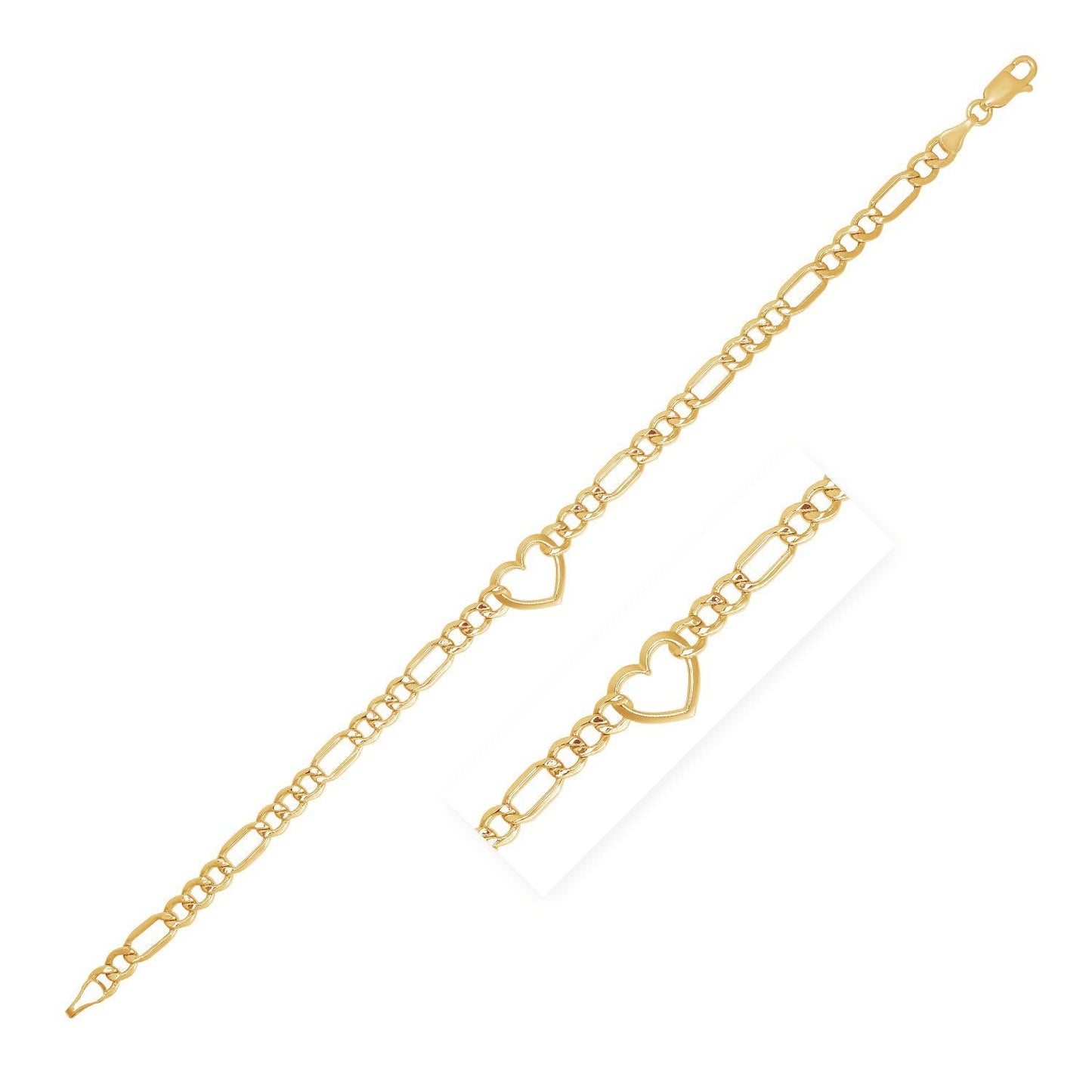 Pulsera de cadena Fígaro de oro amarillo de 14k y 7 pulgadas con corazón