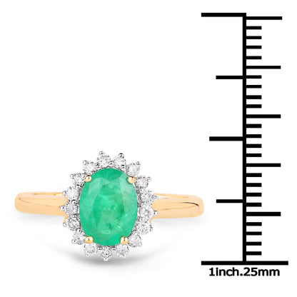 Anillo de oro amarillo de 10 quilates con esmeralda zambiana auténtica de 1,39 quilates y diamantes blancos