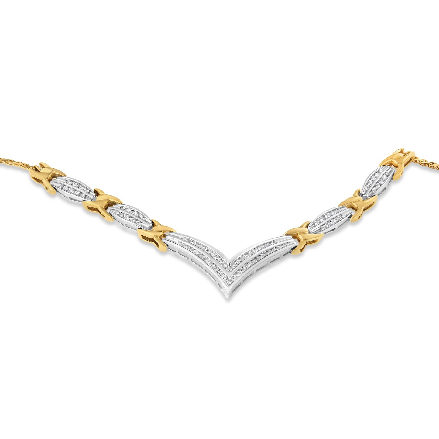 Collar llamativo en forma de "V" de oro amarillo y blanco de 10K con diamantes redondos y de talla princesa de 1.0 Cttw (color I-J, claridad I1-I2)