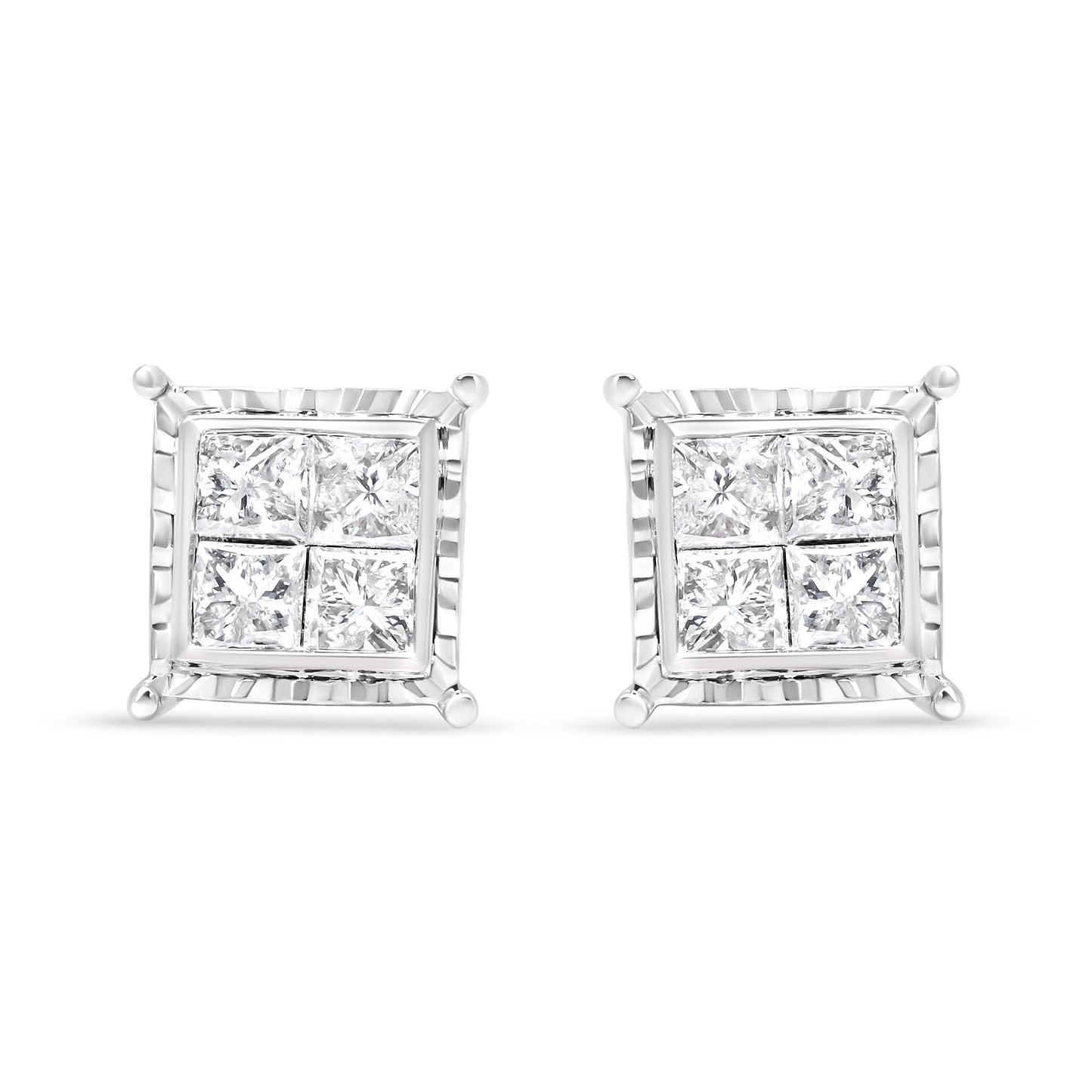 Pendientes de botón contemporáneos de oro blanco de 14 quilates con diamantes talla princesa de 1,5 quilates engastados invisibles con cuatro ondas (color I-J, claridad I1-I2)
