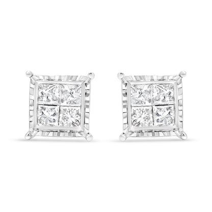 Pendientes de botón contemporáneos de oro blanco de 14 quilates con diamantes talla princesa de 1,5 quilates engastados invisibles con cuatro ondas (color I-J, claridad I1-I2)