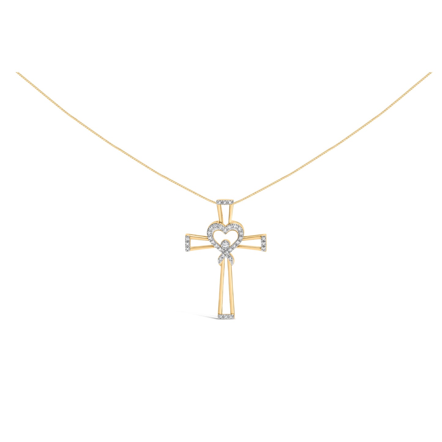 Collar con colgante de cruz, corazón entrelazado y lazo, de plata de ley 925 chapada en oro amarillo de 14K con diamante de 1/6 quilates (color H-I, claridad I2-I3) - 45,72 cm