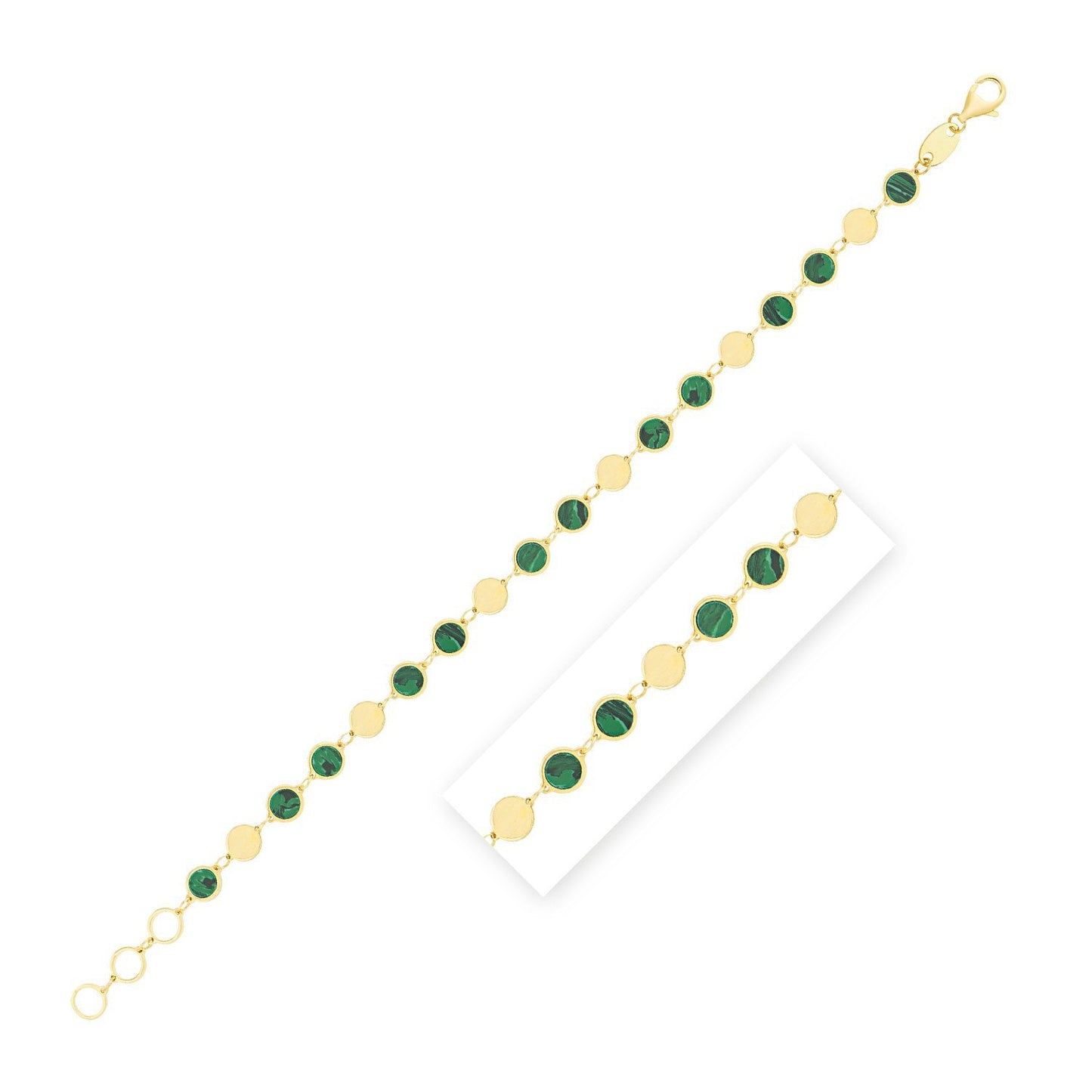Pulsera de cadena de oro amarillo de 14k con malaquita, gema de espejo geométrica (5.00 mm)