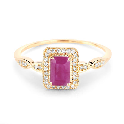 Anillo de oro amarillo de 14 quilates con rubí genuino de 0,75 quilates y diamantes blancos