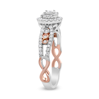 Anillo de Compromiso de Plata Fina .925 Chapado en Oro Rosa de 14K con Doble Marco Cruzado y Vástago Dividido de Diamantes Redondos de 3/8 Cttw (Color I-J, Claridad I2-I3) - Talla 7