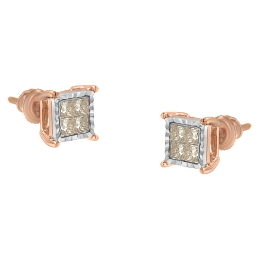 Pendientes de tuerca de oro de 10K bicolor con diamantes de talla princesa de 1/2 quilate en total (color J-K, claridad I1-I2)