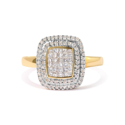 Anillo en oro amarillo de 10 qt con cabeza compuesta de diamantes redondos y talla princesa de 1/2 quilate en total y halo (color H-I, claridad SI1-SI2) - Talla 7