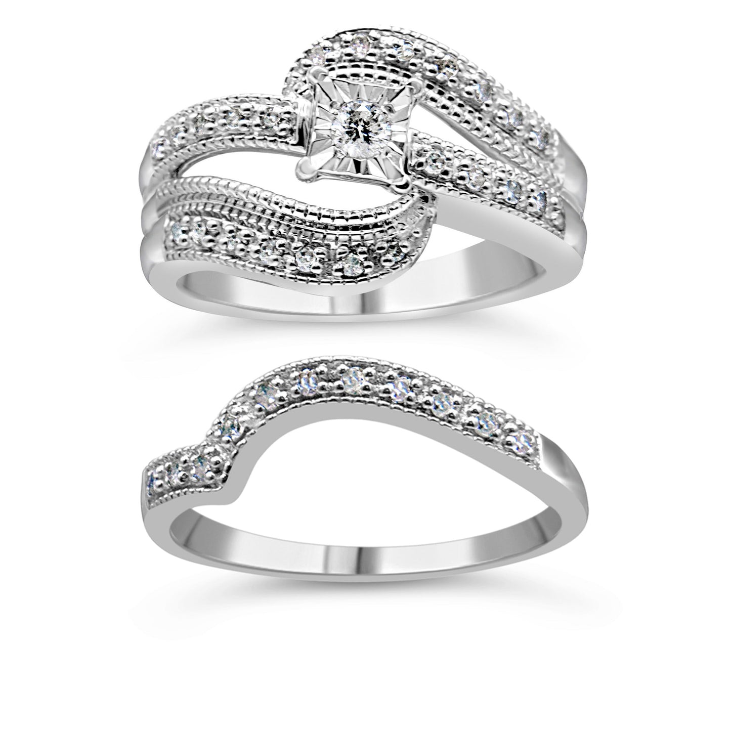 Conjunto de anillo de compromiso y boda de plata de ley .925 con diseño entrecruzado de diamante redondo de 1/3 Cttw (color H-I, claridad I1-I2) - Talla 7
