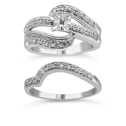 Conjunto de anillo de compromiso y boda de plata de ley .925 con diseño entrecruzado de diamante redondo de 1/3 Cttw (color H-I, claridad I1-I2) - Talla 7