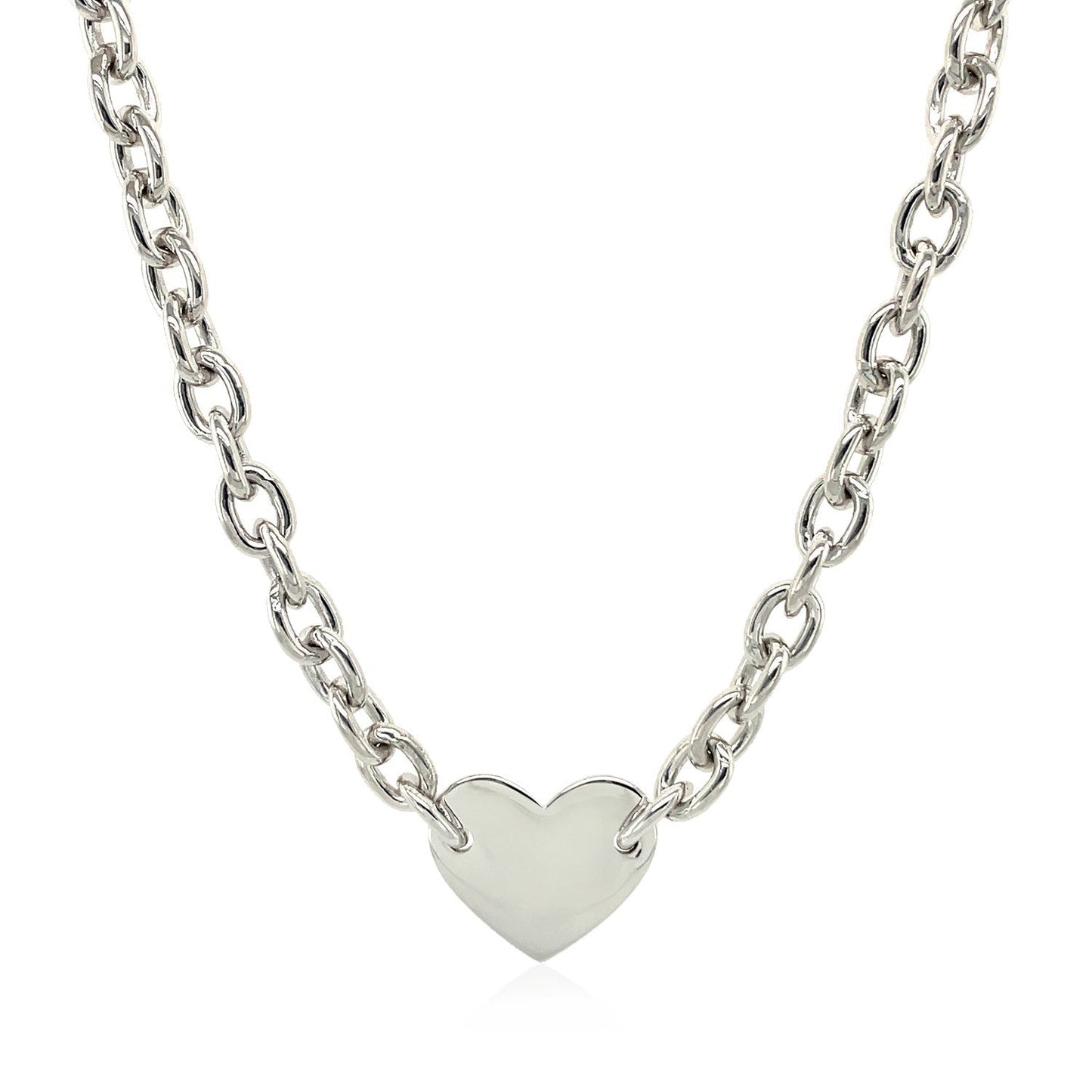 Pulsera de cadena de plata de ley rodiada con motivo de corazón plano