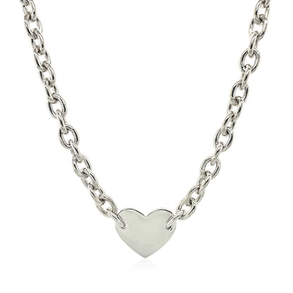 Pulsera de cadena de plata de ley rodiada con motivo de corazón plano