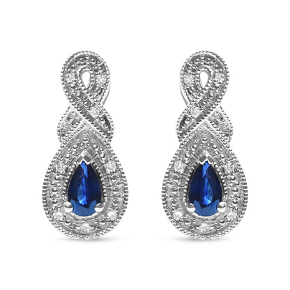 Pendientes de gota de plata de ley .925 con gema de zafiro en forma de pera de 4.5 x 3 mm y acento de diamante de infinito (color H-I, claridad SI1-SI2)
