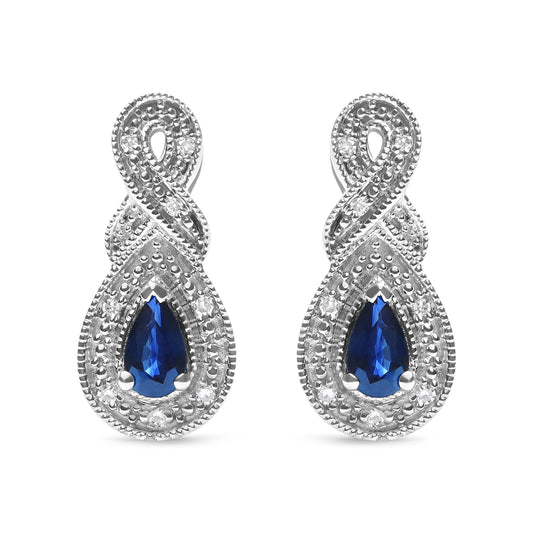 Pendientes de gota de plata de ley .925 con gema de zafiro en forma de pera de 4.5 x 3 mm y acento de diamante de infinito (color H-I, claridad SI1-SI2)