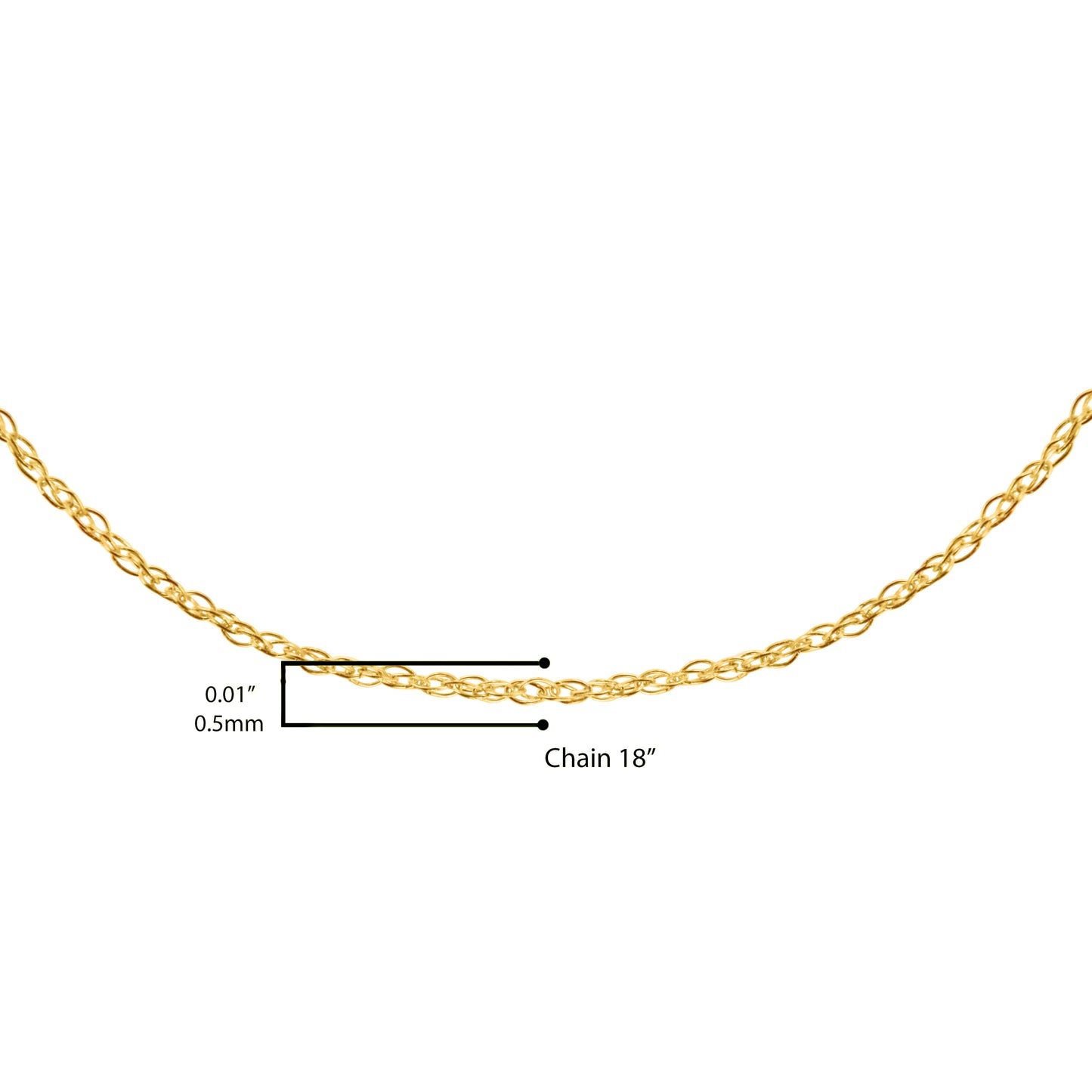 Cadena de soga unisex de oro amarillo macizo de 10K de 0,5mm, delgada y delicada, de 18 pulgadas