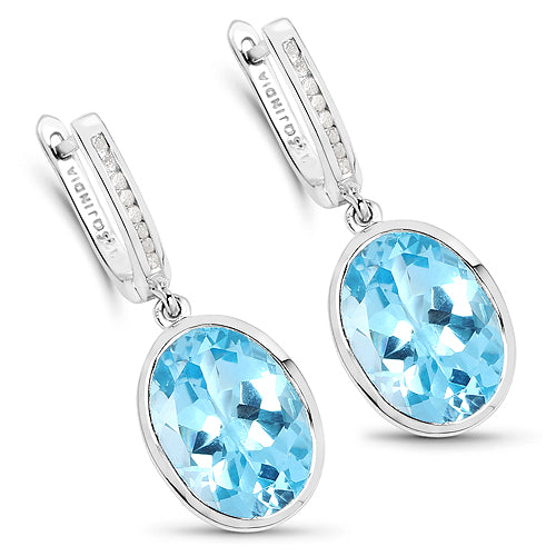 Pendientes de plata de ley .925 con topacio azul genuino de 15,13 quilates y diamantes blancos