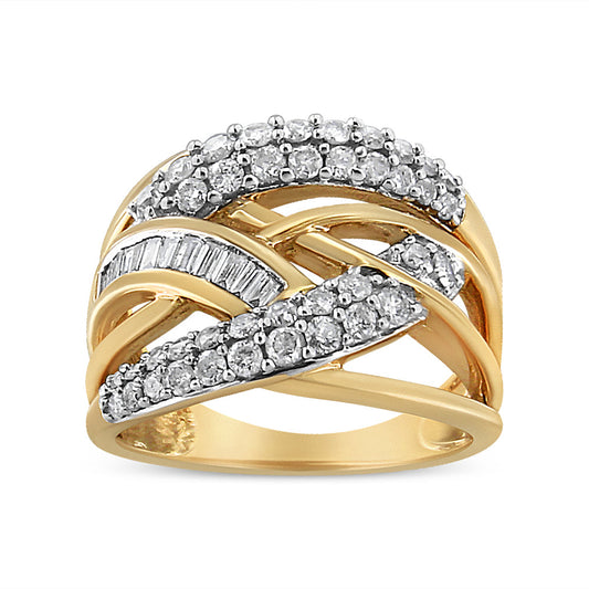 Anillo de cóctel entrelazado de oro amarillo y blanco de 10K con diamantes redondos y talla baguette de 1.0 quilates (Color I-J, Claridad I2-I3) - Talla 7