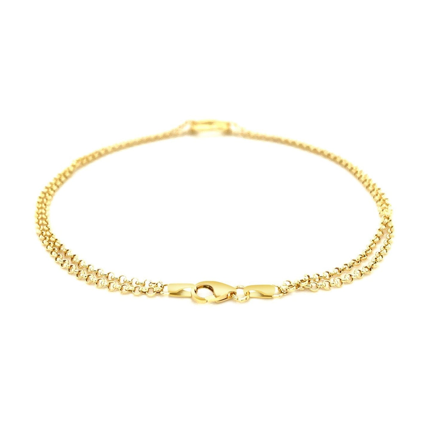 Tobillera de cadena rolo doble de oro amarillo de 14k con estación de corazón abierto