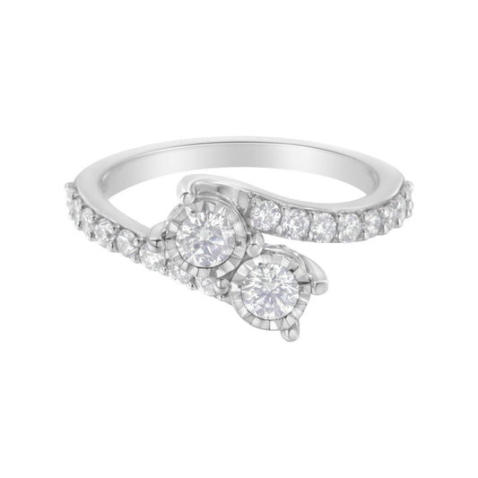Anillo de desvío con dos diamantes en engaste milagro de oro blanco de 10 qt (1 Cttw, color H-I, claridad I1-I2) - Talla 6