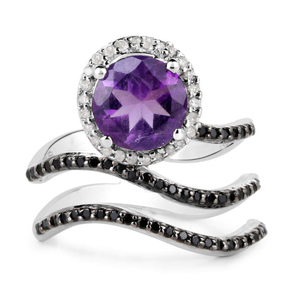 Anillo de Plata de Ley .925 con Amatista Genuina de 2.31 Quilates, Espinela Negra y Diamante Blanco