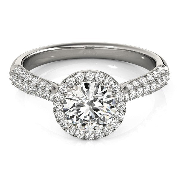 Anillo de compromiso con halo de diamantes en oro blanco de 14k y banda pavé (1 1/3 cttw)