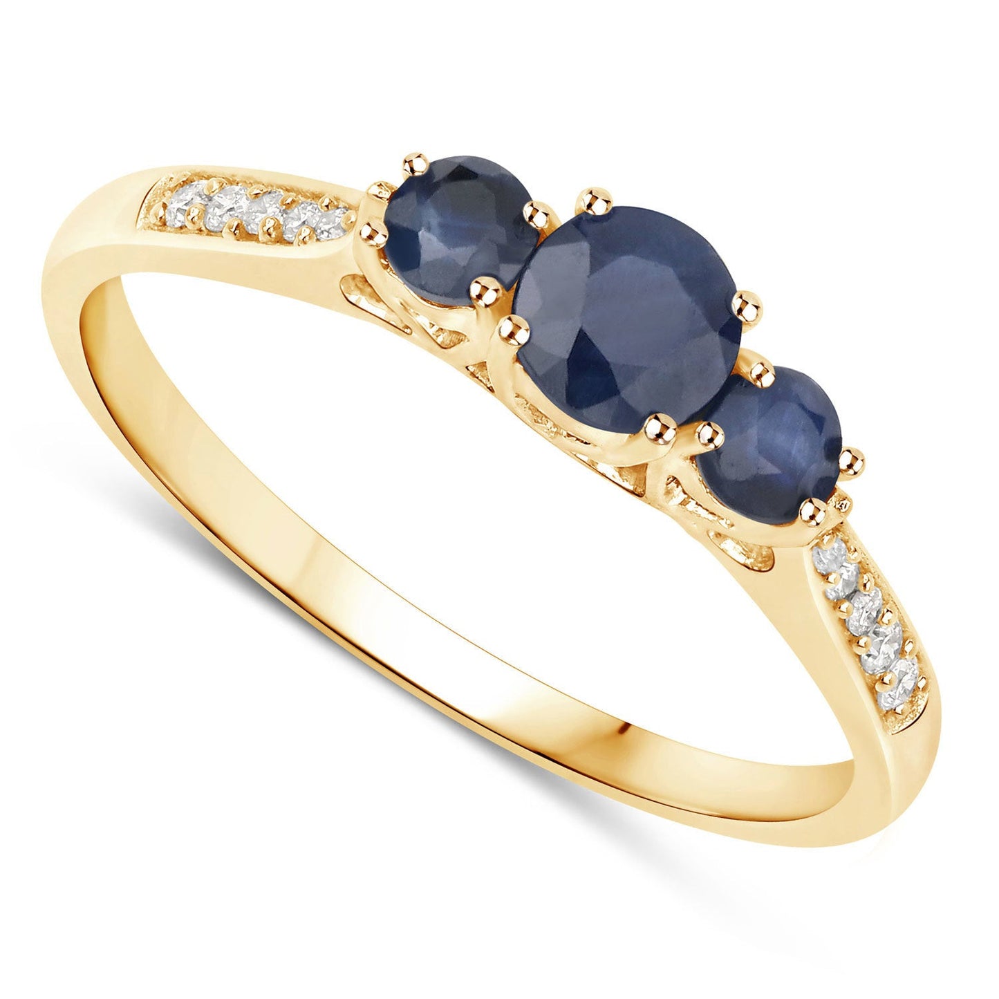 Anillo de oro amarillo de 14K con zafiro azul genuino de 0,56 quilates y diamantes blancos