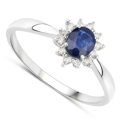 Anillo de oro blanco de 14K con zafiro azul auténtico de 0,44 quilates y diamantes blancos