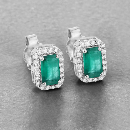 Pendientes de oro blanco de 14 quilates con esmeralda zambiana auténtica de 0,91 quilates y diamantes blancos