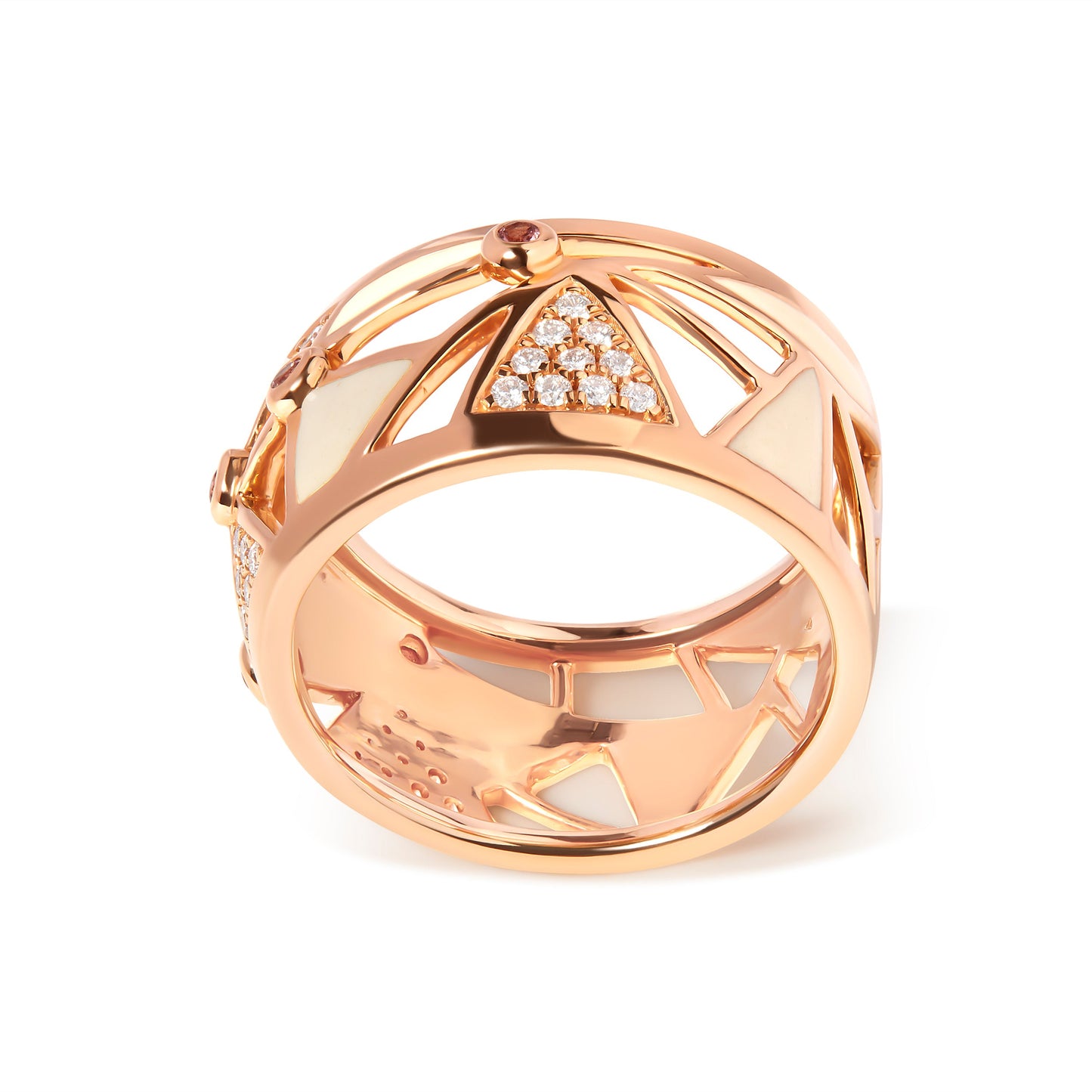Anillo tipo "Cigar Band" de oro rosa de 14K con diamantes de 1/3 Cttw y turmalina rosa con esmalte blanco (color G-H, claridad SI1-SI2)