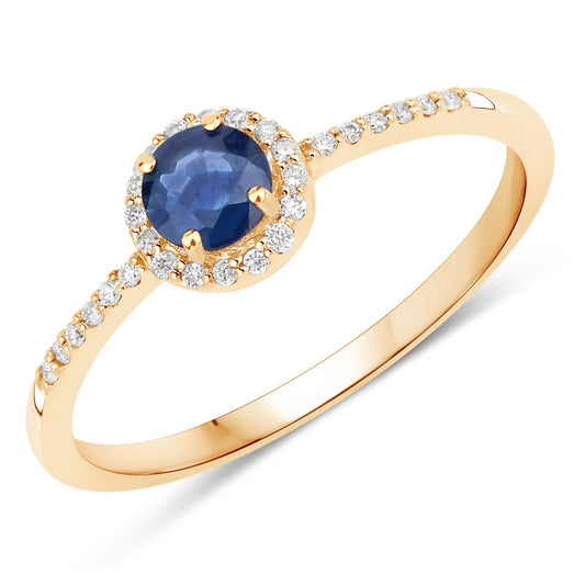 Anillo de oro amarillo de 14 quilates con zafiro azul genuino de 0,38 quilates y diamantes blancos
