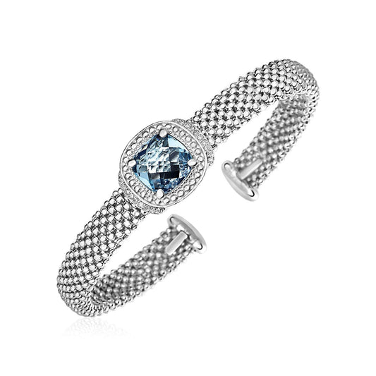 Pulsera Brazalete con Textura de Palomitas de Maíz con Topacio Azul y Diamantes en Plata de Ley