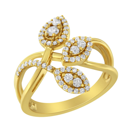 Anillo con tres hojas superpuestas de oro amarillo de 10 qt con diamantes de talla redonda de 1/2 quilate (color I-J, claridad I1-I2) - Talla 7